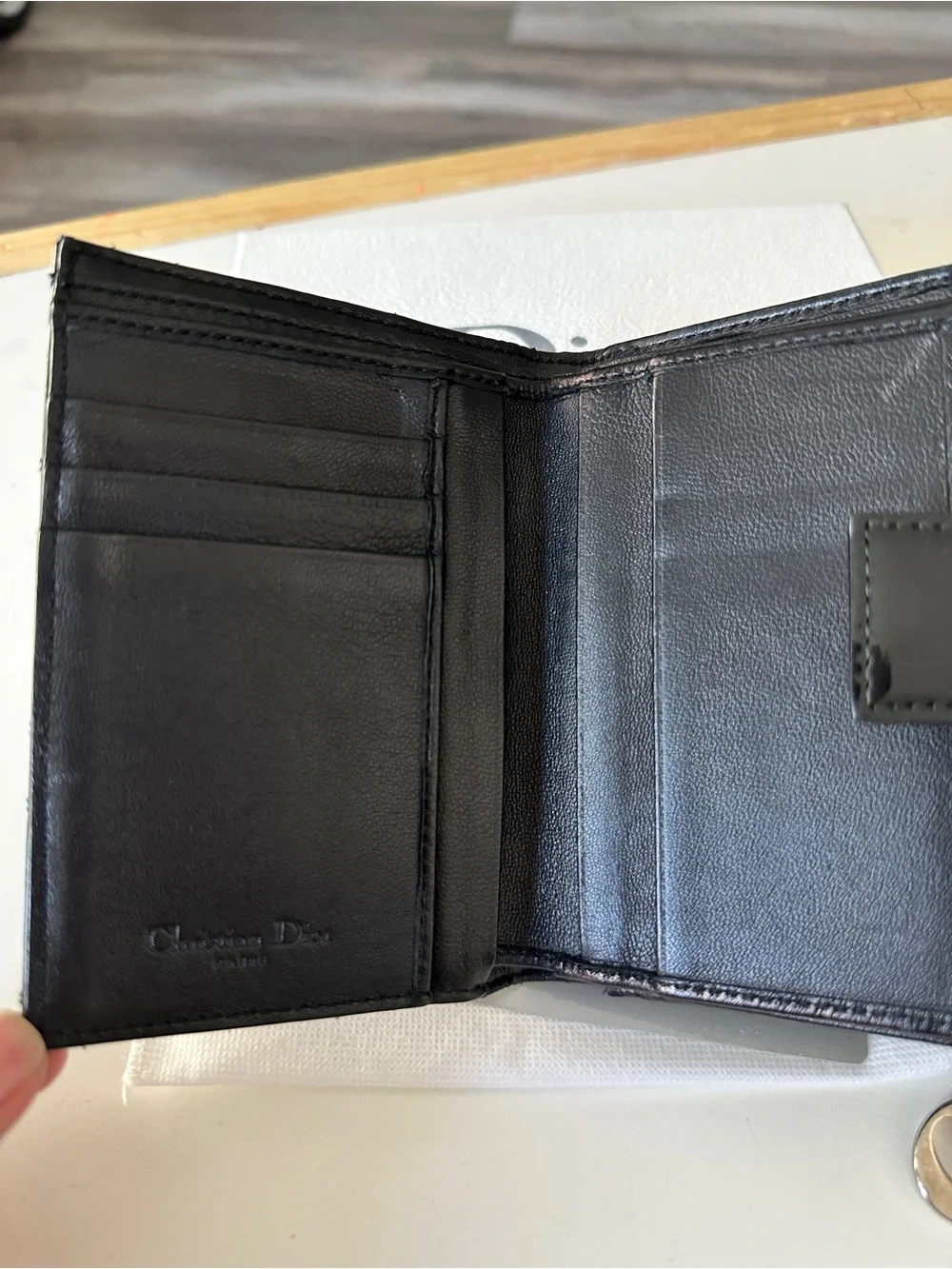 Dior Black Patent Quilted Card Case with Silver Charm